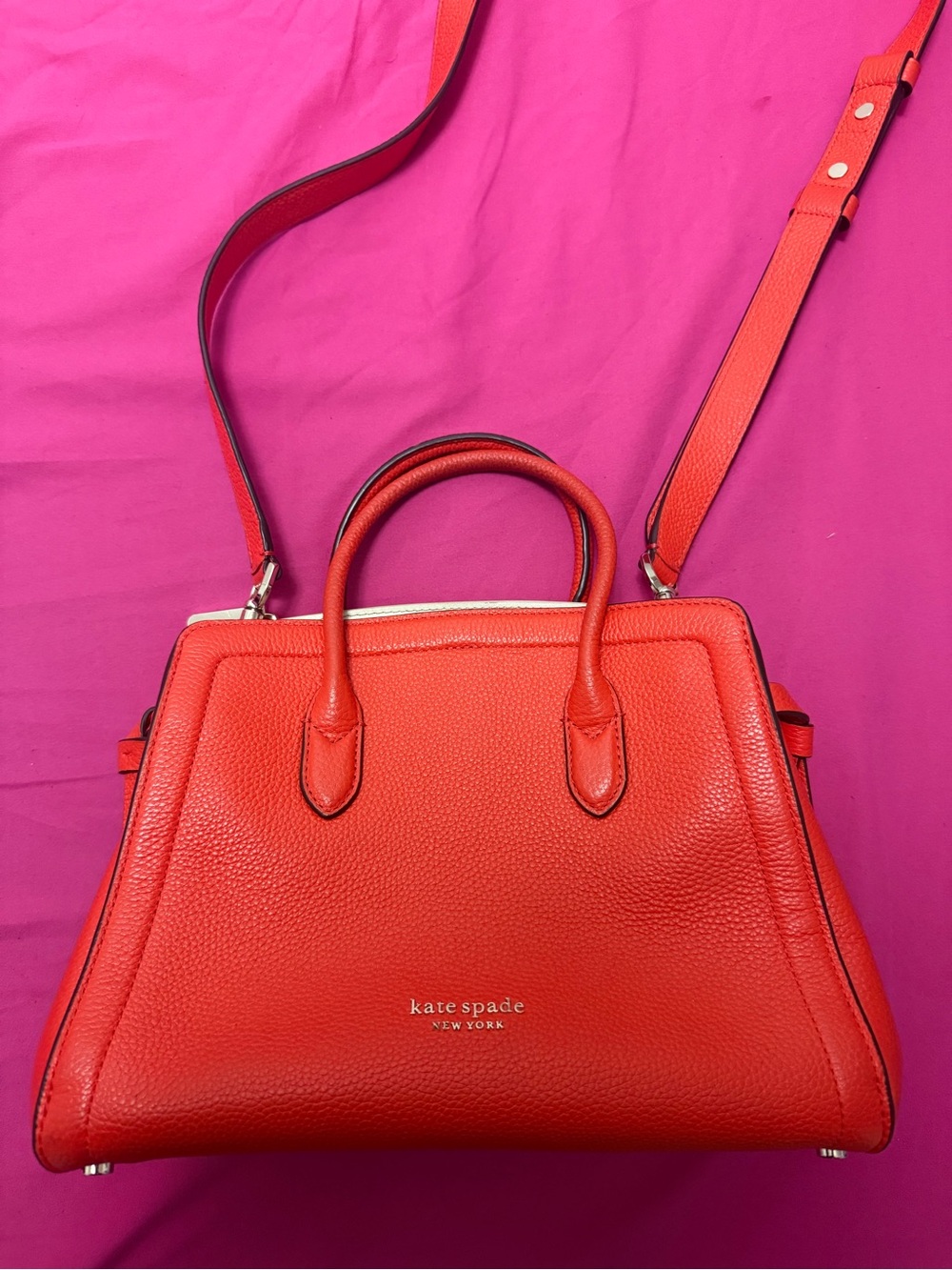 kate spade red pebbled leather satchel with adjustable strap